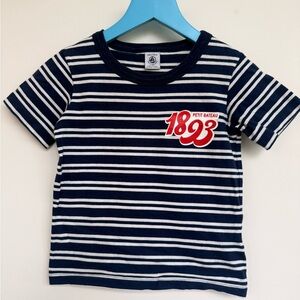 Petit Bateau Navy & White Striped Tee with Red 1893 Chest Logo